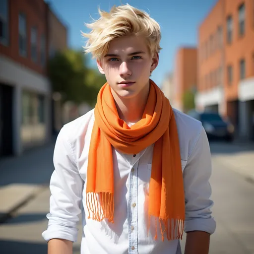 Prompt: (17-year-old man), wearing a vibrant orange scarf, crisp white shirt with hints of blue, stylish light blue jeans, tousled blonde hair, fair skin, standing confidently, modern urban background, (dynamic lighting) highlighting his features, (casual pose) reflecting youthful energy, (HD, ultra-detailed), captivating atmosphere of a lively day.