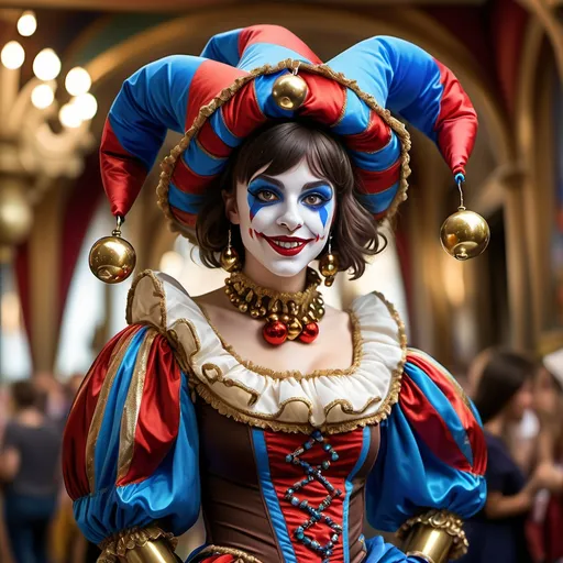 Prompt: (Jester costume character), young woman, 25 years old, short dark brown hair, striking red and blue eyes, vibrant carnival jester attire with (round puffy sleeves), (very large jester cap), adorned with (gold bells), richly detailed fabric, whimsical atmosphere, playful expression, festive decor in the background, (highly detailed), (vivid colors), (4K resolution), (dramatic lighting).