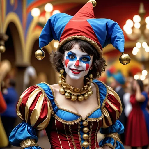 Prompt: (Jester costume character), young woman, 25 years old, short dark brown hair, striking red and blue eyes, vibrant carnival jester attire with (round puffy sleeves), (very large jester cap), adorned with (gold bells), richly detailed fabric, whimsical atmosphere, playful expression, festive decor in the background, (highly detailed), (vivid colors), (4K resolution), (dramatic lighting).