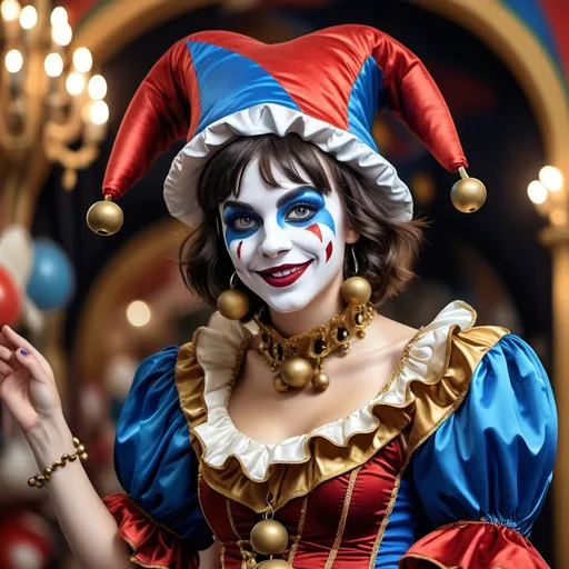 Prompt: (Jester costume character), young woman, 25 years old, short dark brown hair, striking red and blue eyes, vibrant carnival jester attire with (round puffy sleeves), (very large jester cap), adorned with (gold bells), richly detailed fabric, whimsical atmosphere, playful expression, festive decor in the background, (highly detailed), (vivid colors), (4K resolution), (dramatic lighting).