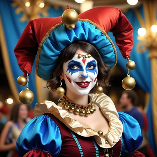 Prompt: (Jester costume character), young woman, 25 years old, short dark brown hair, striking red and blue eyes, vibrant carnival jester attire with (round puffy sleeves), (very large jester cap), adorned with (gold bells), richly detailed fabric, whimsical atmosphere, playful expression, festive decor in the background, (highly detailed), (vivid colors), (4K resolution), (dramatic lighting).