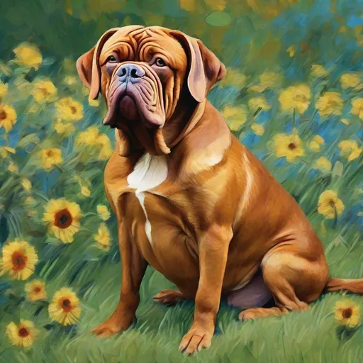 Prompt: male dog de bordeaux sitting on the lawn in van gogh style