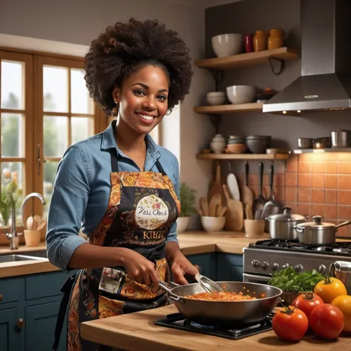 Prompt: Beautiful kitchen scene with a black woman cooking, 30 years old, apron with 'Eva's Kitchen' print, high-quality, vibrant colours, detailed cooking utensils, warm and inviting atmosphere, cosy, modern, detailed facial features, realistic, culinary art, professional lighting, elegant, bustling kitchen, delicious aromas, heartwarming ambience with a smile on her face.