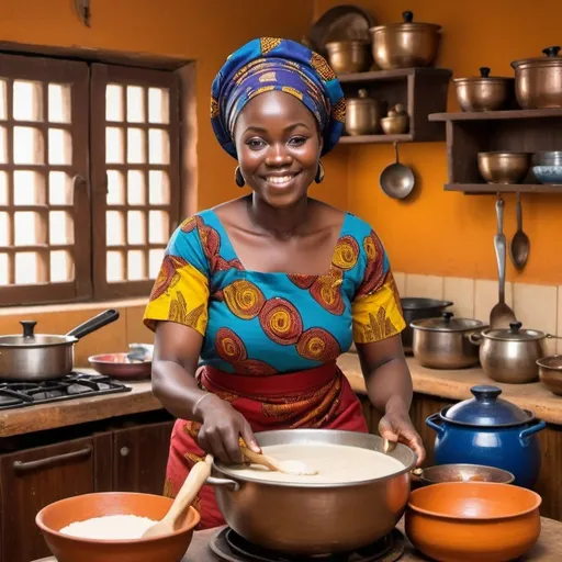Prompt: Ghanaian lady cooking fufu and light soup, spacious and inviting kitchen, vibrant colours, high quality, traditional African art style, warm and inviting lighting, detailed facial features, food preparation, wooden kitchen utensils, beautiful apron, authentic Ghanaian attire, Eva's kitchen T-shirt, traditional cooking, rich cultural heritage, vibrant colours, detailed cooking process, traditional ingredients, cosy atmosphere