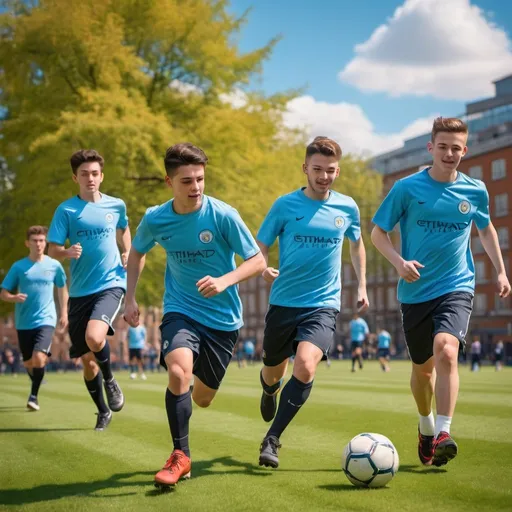 Prompt: Students playing soccer in Man City blue t-shirts, vibrant outdoor setting, high res, detailed, realistic, sporty, colourful, dynamic action, athletic physique, sunny day, energetic atmosphere, professional sports photography