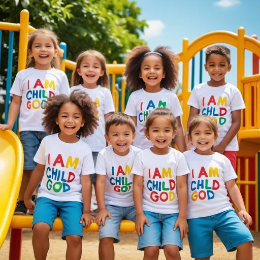 Prompt: Group of children playing in the playground, matching t-shirts with 'I am a child of God' written, vibrant and cheerful, high quality, realistic, joyful expressions, colourful playground equipment, sunny and bright, detailed faces and clothing, diverse group, playful atmosphere, happy and carefree, outdoor fun, summer vibes