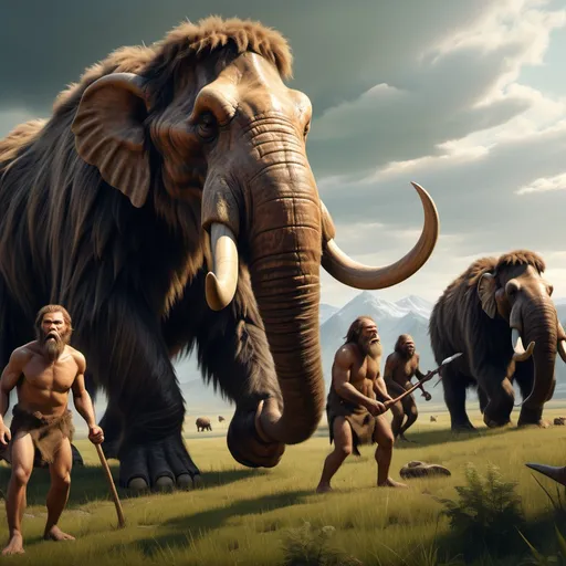 Prompt: 5 (early humans), engaged in (hunting), set against a vibrant green grassland, surrounded by (wild animals) like mammoths and saber-toothed cats, showcasing their primitive tools, dynamic poses emphasizing strength and cooperation, (high detail) capturing earthy tones with a sense of urgency and adventure, (4K image), (dramatic lighting) highlighting the natural beauty and rawness of the ancient world.