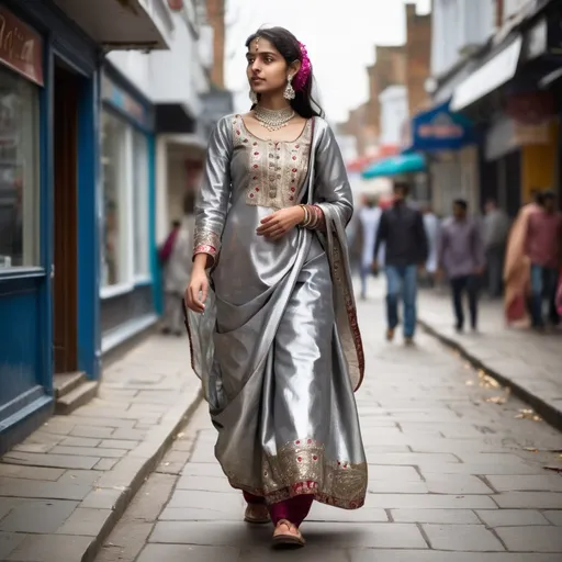 Prompt: Tall young woman walking down the high street, Wearing A Rajsthani silver Poshak, realistic, natural lighting