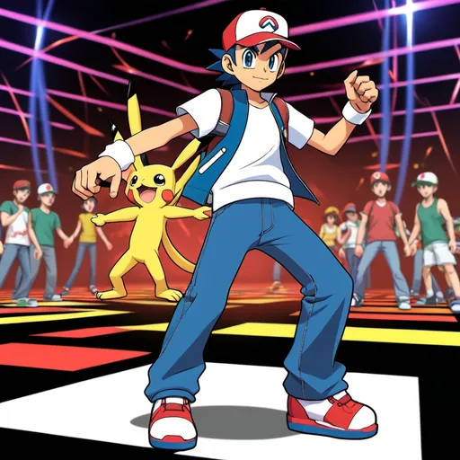 Prompt: make an image of ash ketchum playing dance dance revolution

