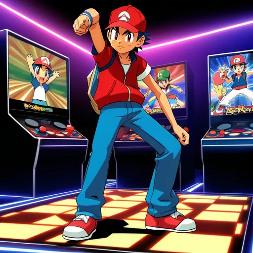 Prompt: make an image of ash ketchum playing dance dance revolution

