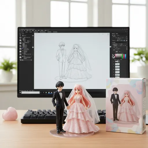 Prompt: This photograph depicts a detailed scene on a wooden desk featuring a couple of figurines and a computer monitor. The figurines, positioned in the foreground, represent a bride and groom. The bride, with long pink hair, wears a voluminous, light pink, lace and tulle wedding gown with intricate floral embroidery and a veil. The groom, with short black hair, is dressed in a black tuxedo with a white shirt and black bow tie. They are holding hands and standing on a clear, round base. To the right of the figurines is a brightly colored box, which is the packaging for the figurines. The box features a colorful, abstract background with pastel shades and a photograph of the bride and groom on the front.
In the background, a large computer monitor displays a grayscale digital drawing of the same bride and groom, holding hands, with the groom in a suit and the bride in a detailed wedding dress. The monitor screen also shows a digital interface with various tools and settings. The desk also holds a black keyboard and a small, pink, heart-shaped object on the left side. The overall setting is a bright room with large windows in the background, allowing natural light to fill the space.