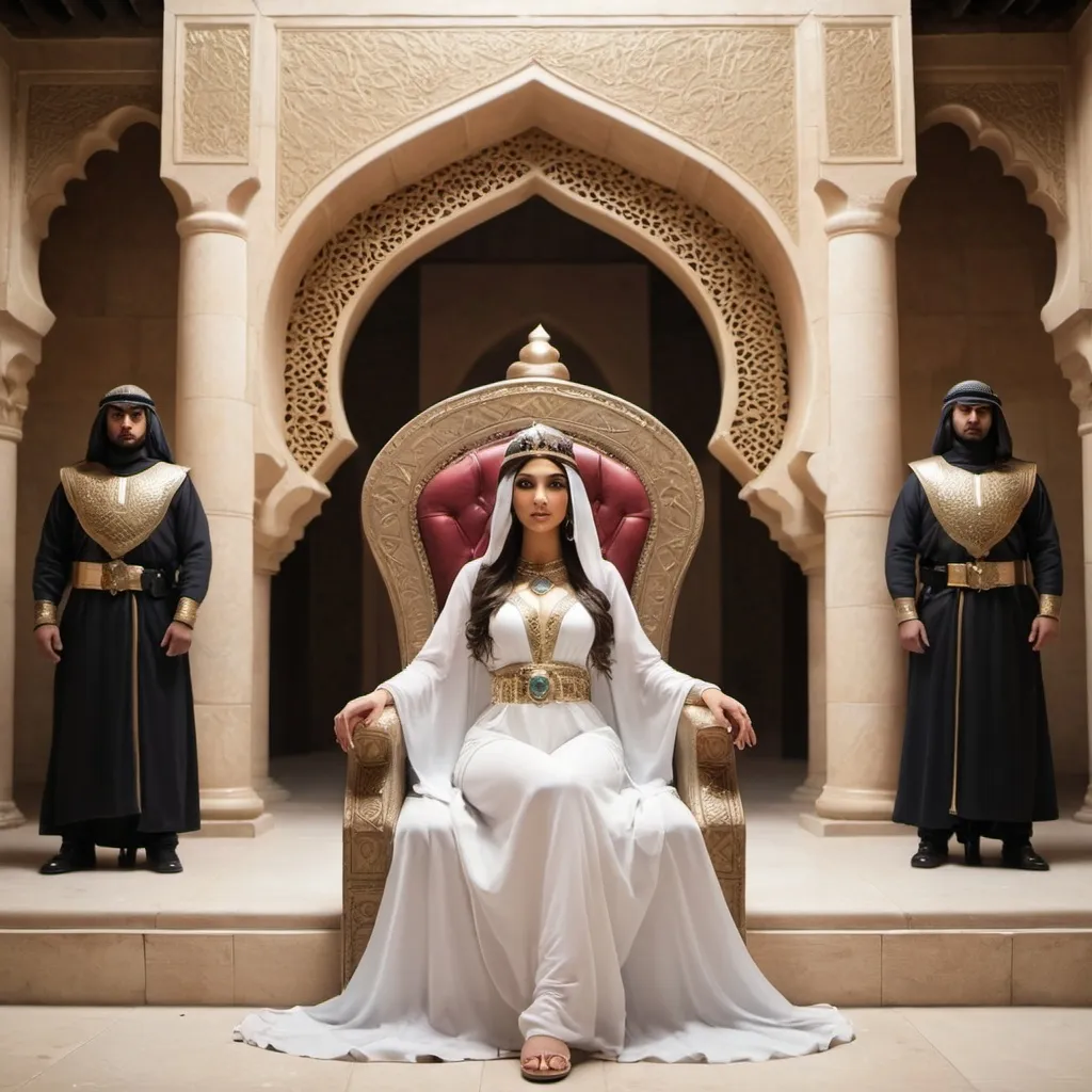 Prompt: Create an image of Arab princess sitting on a simple throne surrounded by guards oh