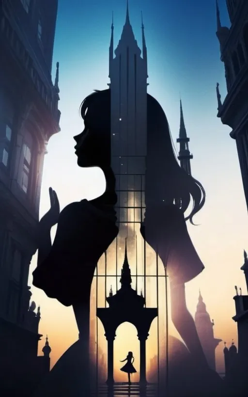 Prompt: Magical realism novel design. 
Keyword: Keyword: awakening, reflection, juxtaposed
Showing silhouette of a girl, background showing sihoultte of a building
Design of building: FUTURISTIC AND IMAGINATIVE but make it more magical and amazing, could complement with bizarre, awe and spirituality as the architectural language of the building. 
