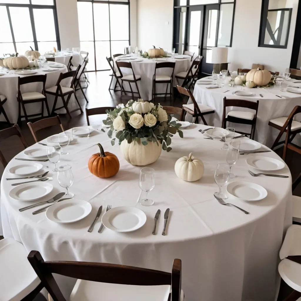 Prompt: Round table, white tablecloth, square plates, white folding chairs, minimalist budvase centerpiece, one white pumpkin on table