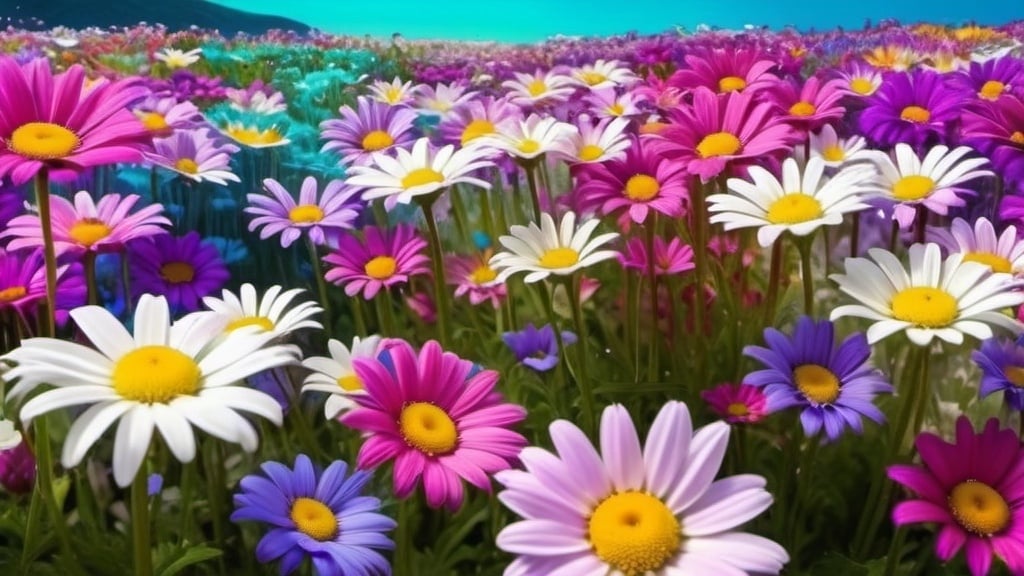 Prompt: Field of colorful daisies in blue purple pink white turquoise