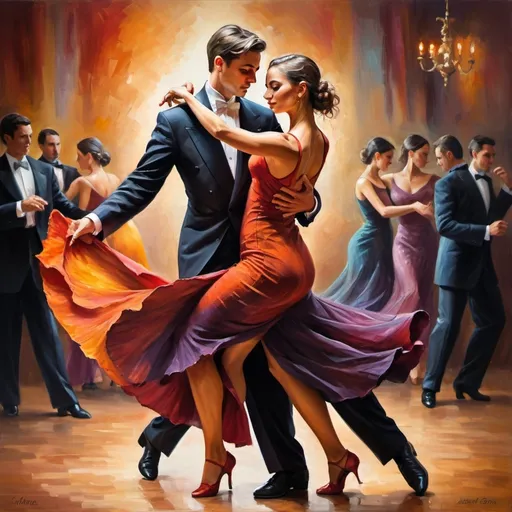 Prompt: Beautiful young couple dancing tango, elegant attire, graceful movements, vibrant colors, high quality, oil painting, romantic, passionate, detailed facial expressions, flowing dresses, tailored suits, dynamic poses, warm lighting, intricate brushwork, classic style, rich tones, harmonious composition