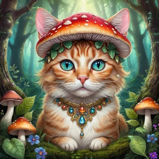 Prompt: Mushroom face cat goddess