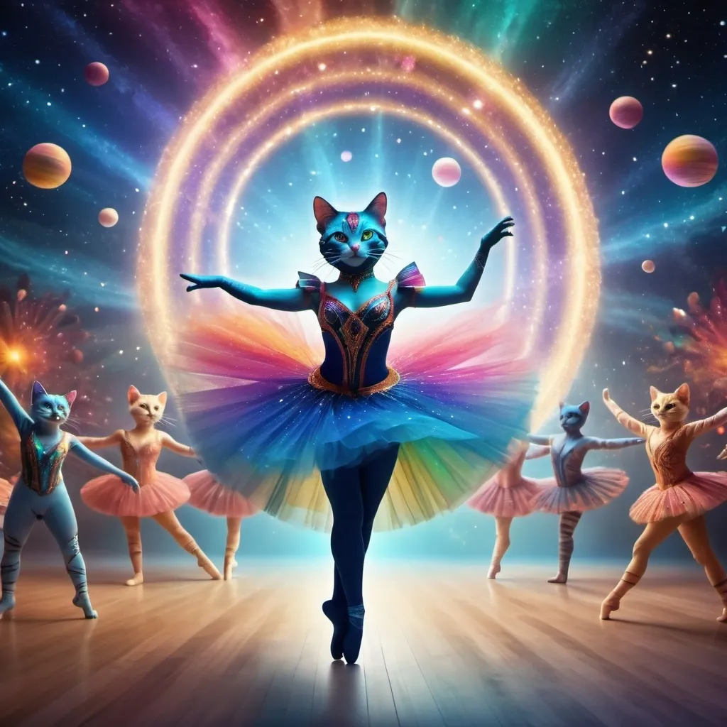 Prompt:  cat goddess with a tutu dancing the ballet with cirque du soleil with lots of stars and galaxies