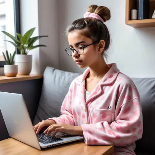 Prompt: a girl student working in a laptop with her comfort pyjama in home and a bun hairstyle
