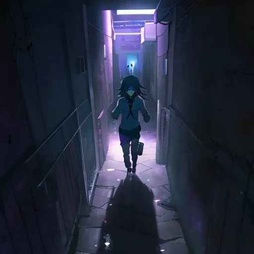Prompt: una imagen siniestra de un pasillo nocturno abandonado, con una joven corriendo aterrorizada, perseguida por una sombra maligna invisible entre luces y sombras escalofriantes. Anime