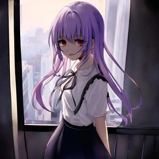 Prompt: Un chico y una chica mirando desde un edificio la luna, no tienen sombra. El ambiente se siente sombrío y perturbador. Anime Horror. Sangre. Yandere, Masacre"