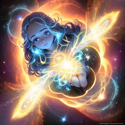 Prompt: Una figura de luz radiante flota en el cosmos, con galaxias en espiral en sus dedos. Rostro sereno con ojos que lo ven todo. Túnica etérea ondeando con energía creativa. Irradia amor incondicional hacia toda la creación