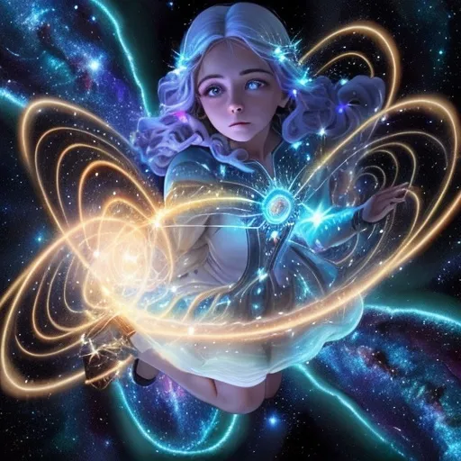 Prompt: Una figura de luz radiante flota en el cosmos, con galaxias en espiral en sus dedos. Rostro sereno con ojos que lo ven todo. Túnica etérea ondeando con energía creativa. Irradia amor incondicional hacia toda la creación