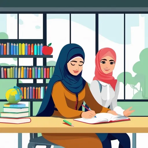 Prompt: Female teacher with hijab and girl studying. Concept illustration for school, education. Vector illustration in flat style