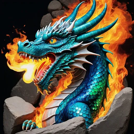 Prompt: Colourful graphic of a dragon with blue emerald eyes breathing fire on a stone