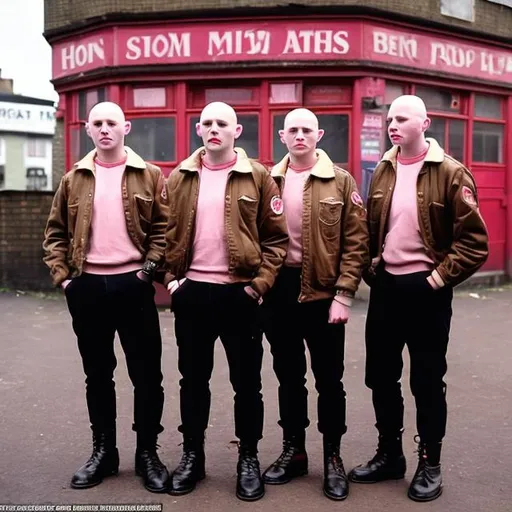 Prompt: Skinheads drinking pints in pub, only wearing pink and with bald heads. Wearing doctor Martin boots, and in camp poses, with lipstick on