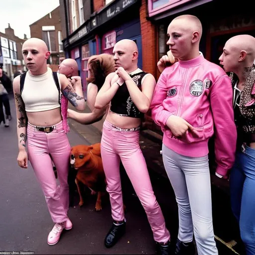 Prompt: Skinheads & punks in 1980s Britian wearing only pink, in Camden Town with fighting dogs with pink collars, in Camden Town