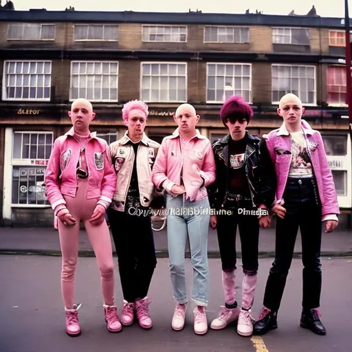 Prompt: Skinheads & punks in 1980s Britian wearing only pink, in Camden Town with fighting dogs with pink collars, infront of Camden Town Station. They must wear Doctor Martin shoes.