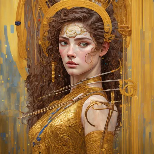 Prompt: native, artemis, woman archer, acrylic painting, gustav klimt style, impressionism, concept art, flowing and ornate details, vibrant colors, swirling lines, detailed facial features, short hair, regal posture, high quality, vibrant colors, acrylic painting, female archer, elegant, gold accents, flowing lines, regal, looking straight