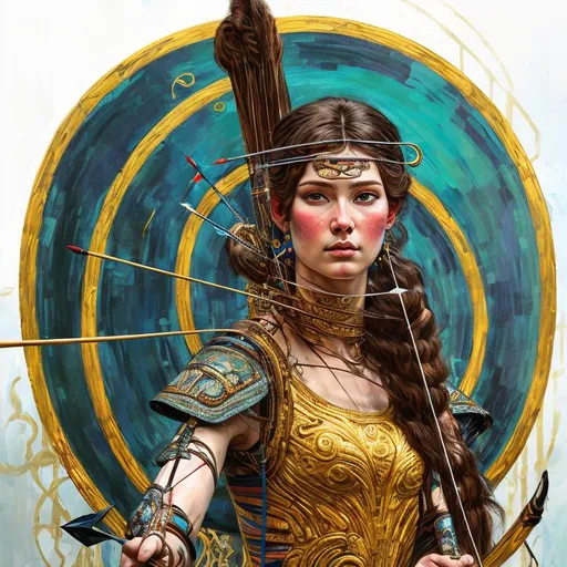 Prompt: native, artemis, woman archer, acrylic painting, gustav klimt style, impressionism, concept art, flowing and ornate details, vibrant colors, swirling lines, detailed facial features, short hair, regal posture, high quality, vibrant colors, acrylic painting, female archer, elegant, gold accents, flowing lines, regal, looking straight