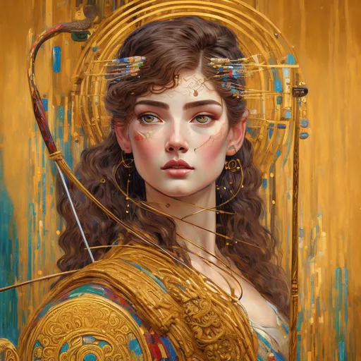 Prompt: native, artemis, woman archer, acrylic painting, gustav klimt style, impressionism, concept art, flowing and ornate details, vibrant colors, swirling lines, detailed facial features, short hair, regal posture, high quality, vibrant colors, acrylic painting, female archer, elegant, gold accents, flowing lines, regal, looking straight