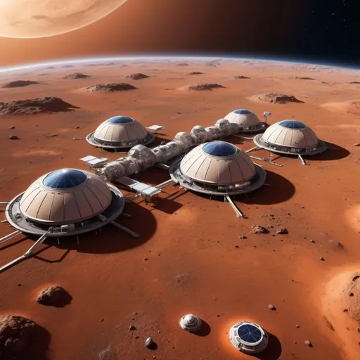 Prompt: create a space colony in mars the images should be shown from the space of the planet mars  the images should show the concepts of new world technologies 