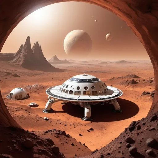 Prompt: create a space colony in mars the images should be shown from the space of the planet mars  the images should show the concepts of new world technologies 