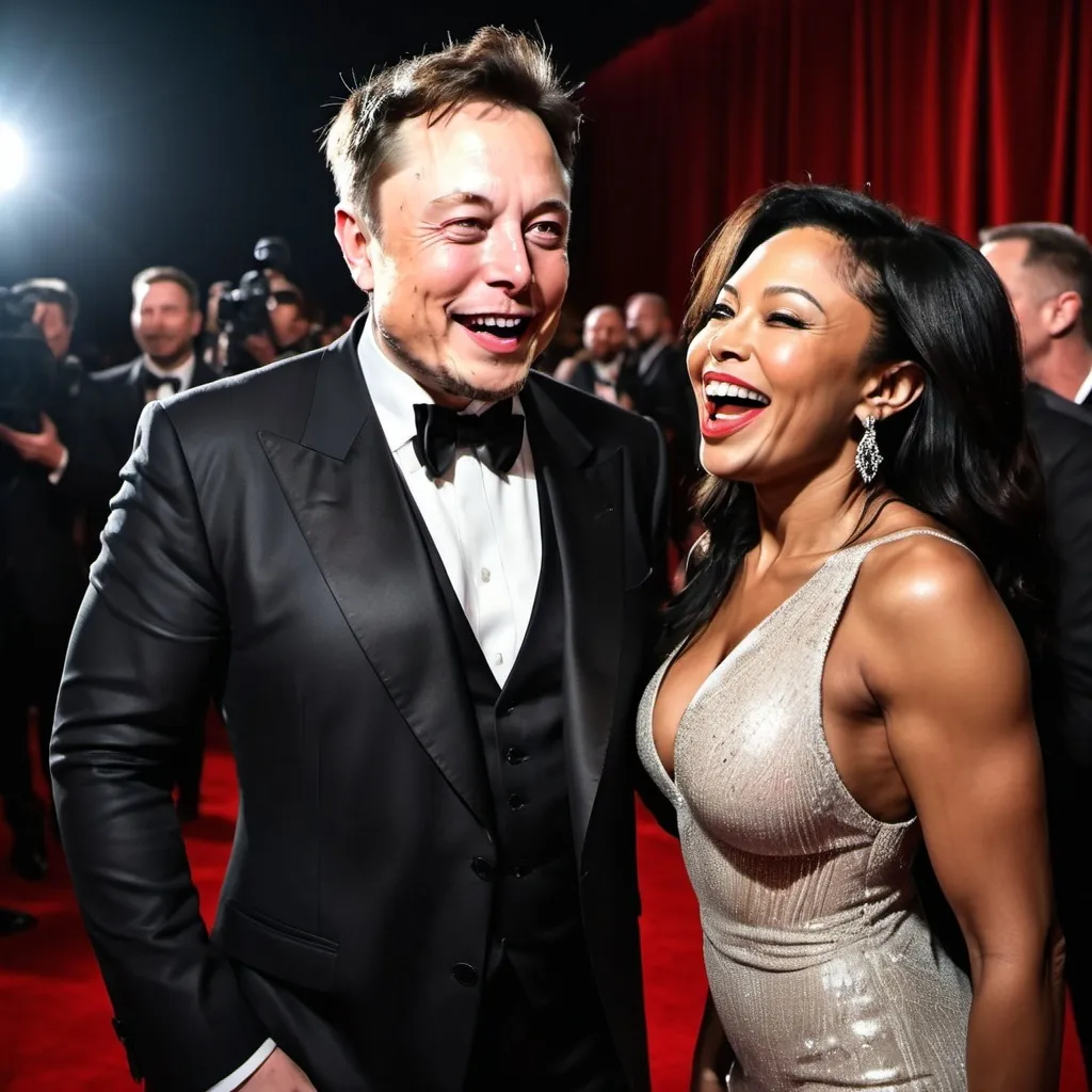 Prompt: create a image of elon musk with the pop star michal jackson laughing together in award functions on red carpet with eachother standing for photo by photographers show the images clicked by photographers