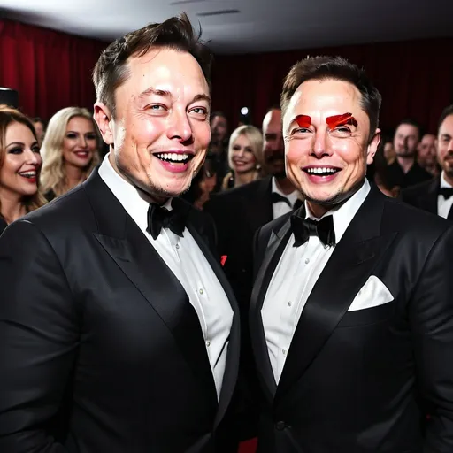 Prompt: create a image of elon musk with the pop star michal jackson laughing together in award functions on red carpet with eachother standing for photo by photographers show the images clicked by photographers