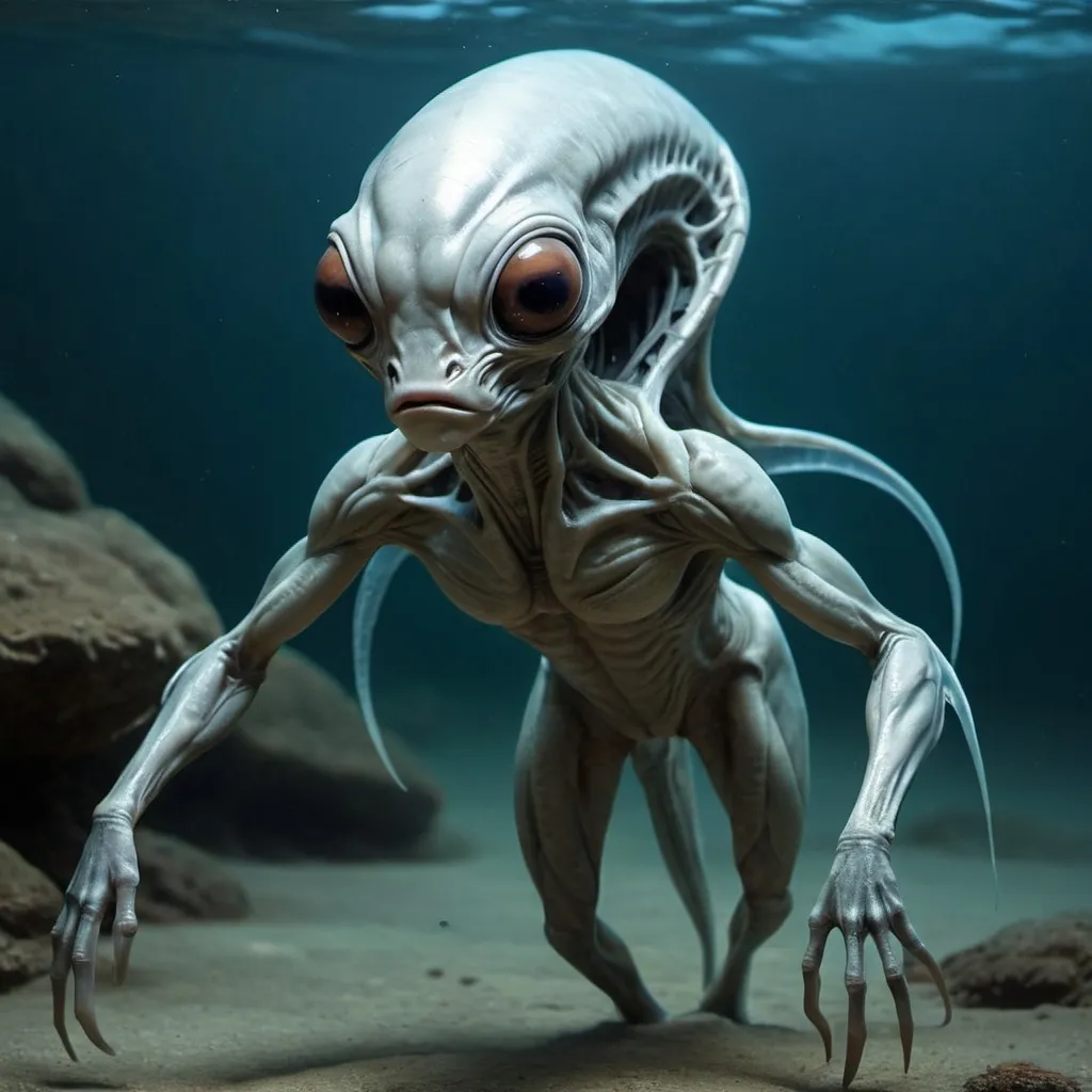 Prompt: special creature looking like alien which is not found in this world it is mix of human and fish or humanfish  with some foundational difference in body structure evolved for living inside water the important thing about this is that this creature is almost like a human being make sure to make this creature looks the most intelligent with so many colonies 
