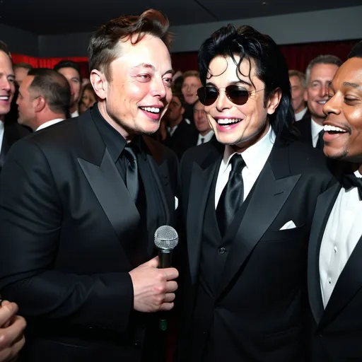 Prompt: create a image of elon musk with the pop star michal jackson laughing together in award functions on red carpet with eachother standing for photo by photographers show the images clicked by photographers