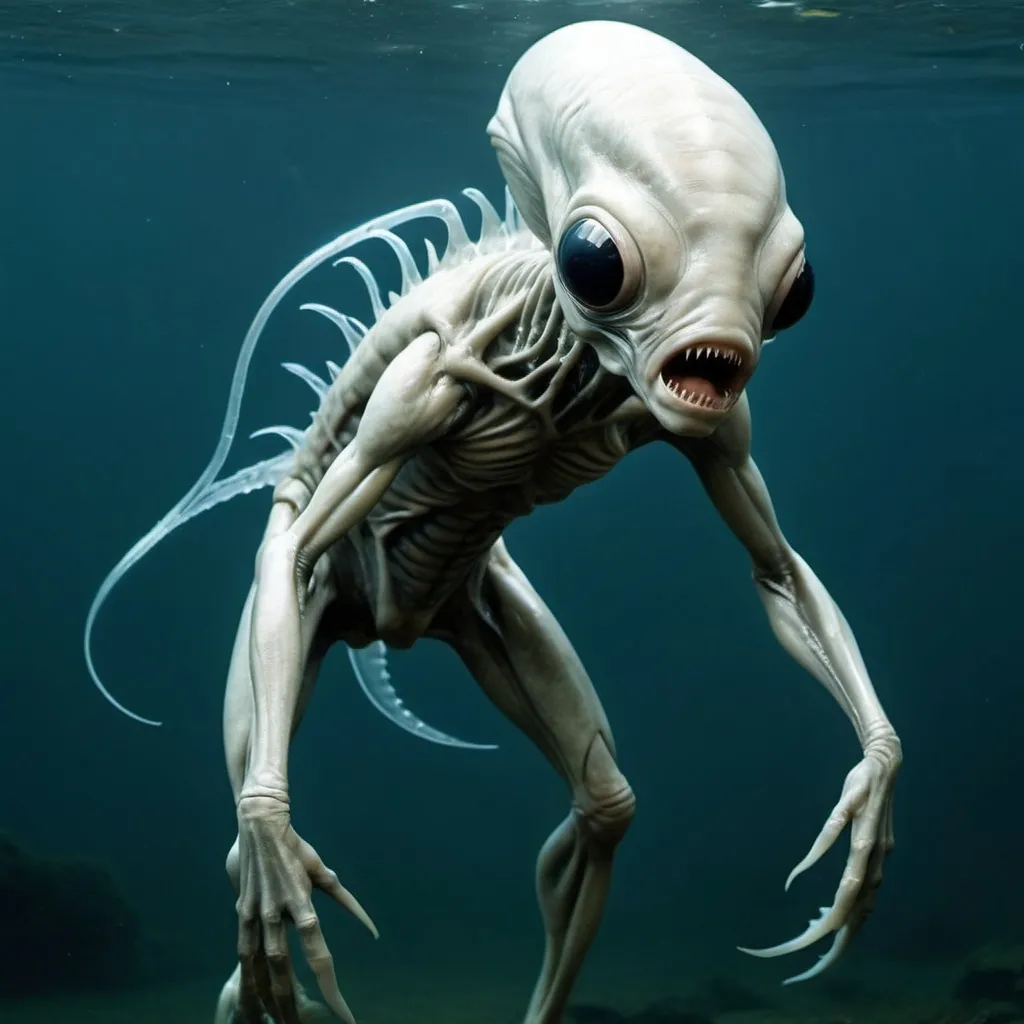 Prompt: special creature looking like alien which is not found in this world it is mix of human and fish or humanfish  with some foundational difference in body structure evolved for living inside water the important thing about this is that this creature is almost like a human being make sure to make this creature looks the most intelligent with so many colonies 
making sure it is created using genetic experiment on human being