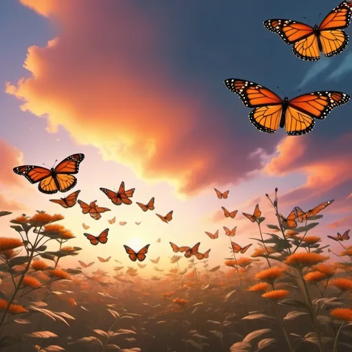 Prompt: orange clouds in the sky, (vibrant hues), a flock of monarch butterflies fluttering gracefully, (warm ambiance), a surreal and enchanting atmosphere, gentle sunlight illuminating the scene, peaceful and serene, detailed wings of butterflies, soft background blending into a dreamy horizon, (4K), breathtaking nature imagery.