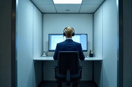 Prompt: @fqNi3oOSikFuPESAbhXT is sitting a futuristic office cube with two-meter walls. He's facing the screen on the desk at the back of the cube, sitting with his back to the open door of the cube. He has a lightweight headset on his head. The camera is looking down at him from just above the screen