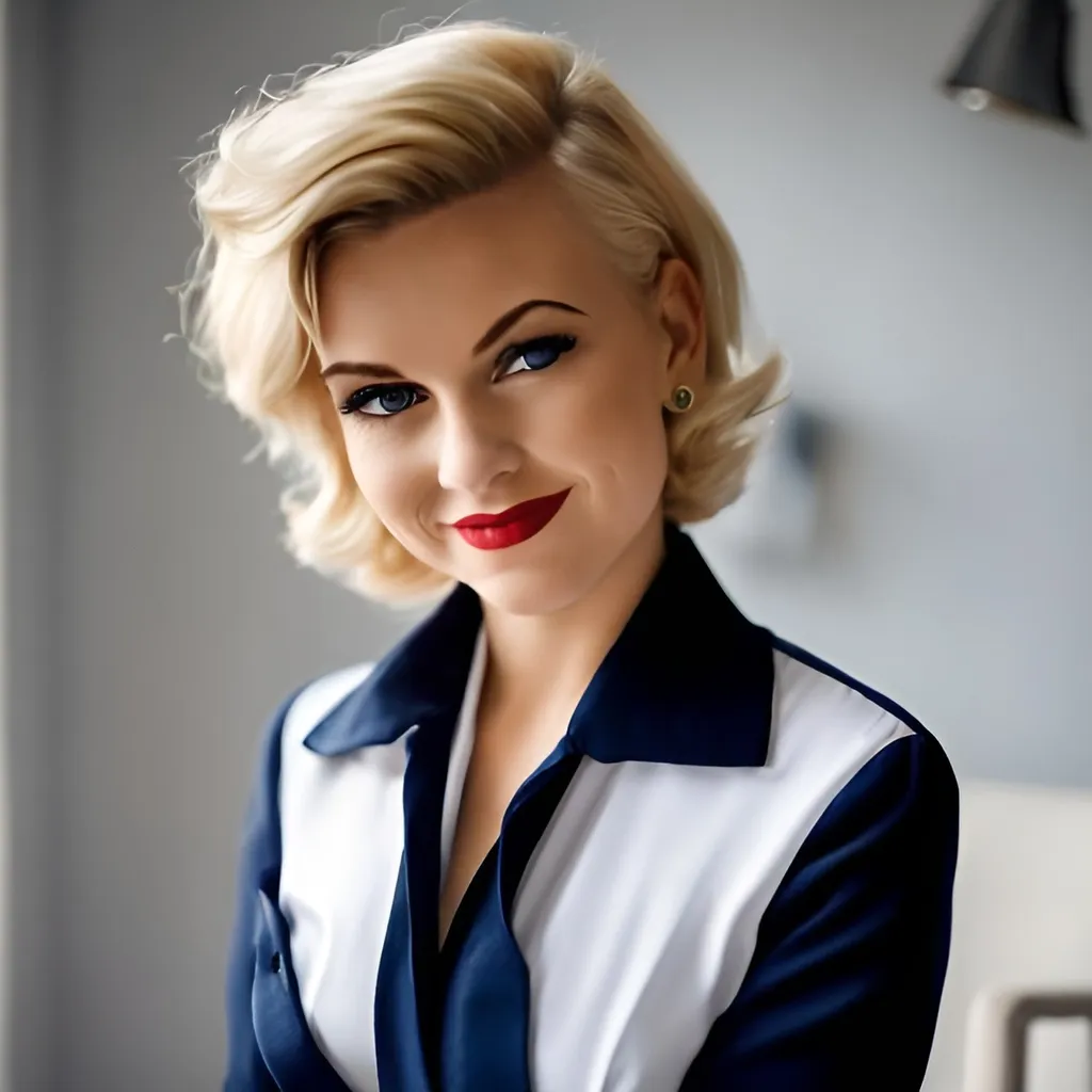 Prompt: a blonde with shorter hair and a sultry smile dressed in a navy blue 1950s business suit