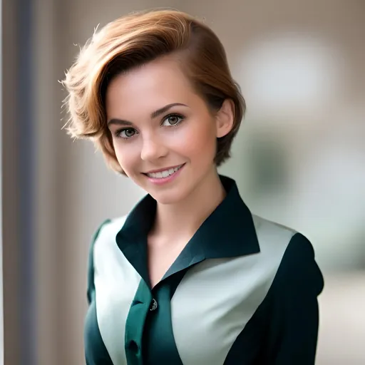 Prompt: a tawny brunette with shorter hair and a sultry smile dressed in a dark green ladies business suit