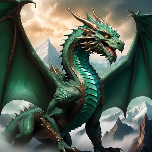 Prompt: Deep, detailed matte painting. Portrait. A majestic dragon with deep green scales and undertones of copper and bronze and turquoise accents, has stern human-like silver-green eyes, and a stern, serious expression, flies over mist-shrouded mountains. Birds-eye view. Soft warm sunlight filtering through clouds, with deep shadows and warm golden glows on copper and bronze undertones. Deep color, intricate patterns, fantastical, moody atmosphere, Byron Giudy for color palette