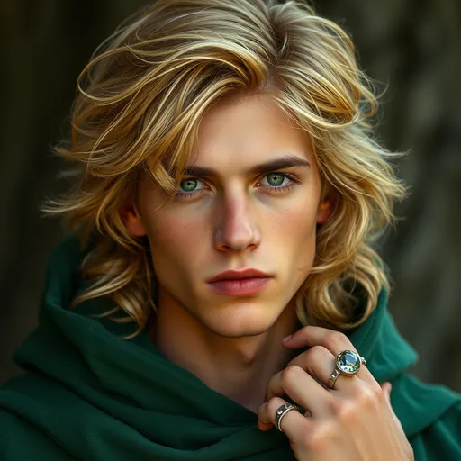 Prompt: A young man with deep, golden-blonde hair a few shades darker than honey blonde, with wispy bangs that brush over the his forehead. He has a handsome face, with a strong nose and jaw, and his eyes are silvery-green. His features are set in a sun-bronzed face. He wears an emerald green cloak with a hood, with a spirit stone ring on one hand