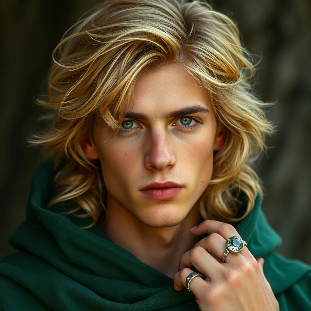 Prompt: A young man with deep, golden-blonde hair a few shades darker than honey blonde, with wispy bangs that brush over the his forehead. He has a handsome face, with a strong nose and jaw, and his eyes are silvery-green. His features are set in a sun-bronzed face. He wears an emerald green cloak with a hood, with a spirit stone ring on one hand