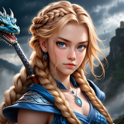 Prompt: A young woman, 18 years old, with long, braided honey-blonde hair. Her eyes are a stormy blue. She is lean and strong because of her years of sword and archery training. Wears a dragon-scale pendant around her neck on a fine silver chain